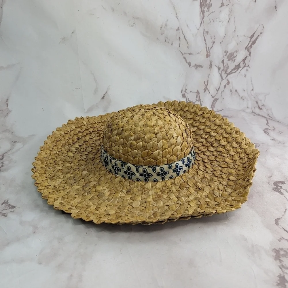 Vintage Hat Straw Sun Ladies Wide Brim Beach Shade Floppy Fabric Indego Africa - Picture 3 of 11